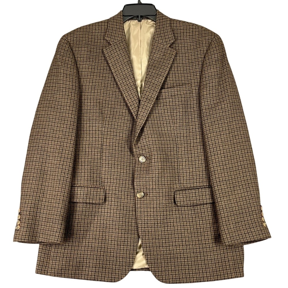 Chaps Wool Houndstooth Plaid Sport Coat Blazer Brown 42R Mens